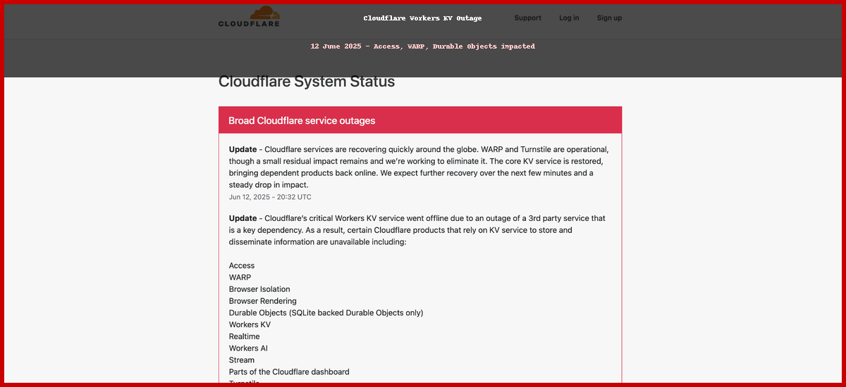 Cloudflare status excerpt highlighting Access, KV and WARP as degraded