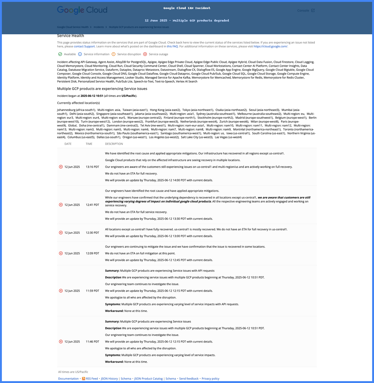 Screenshot of GCP status dashboard at 11:30 AM PT showing red for IAM, Cloud Storage, Bigtable