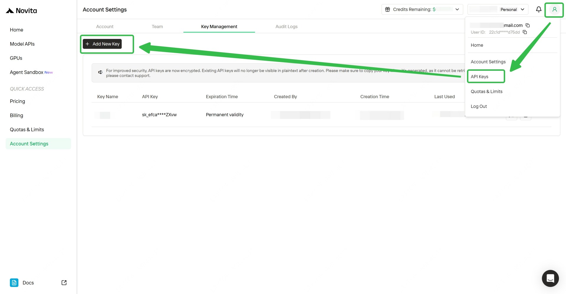 Novita API key management page showing where to create a new key