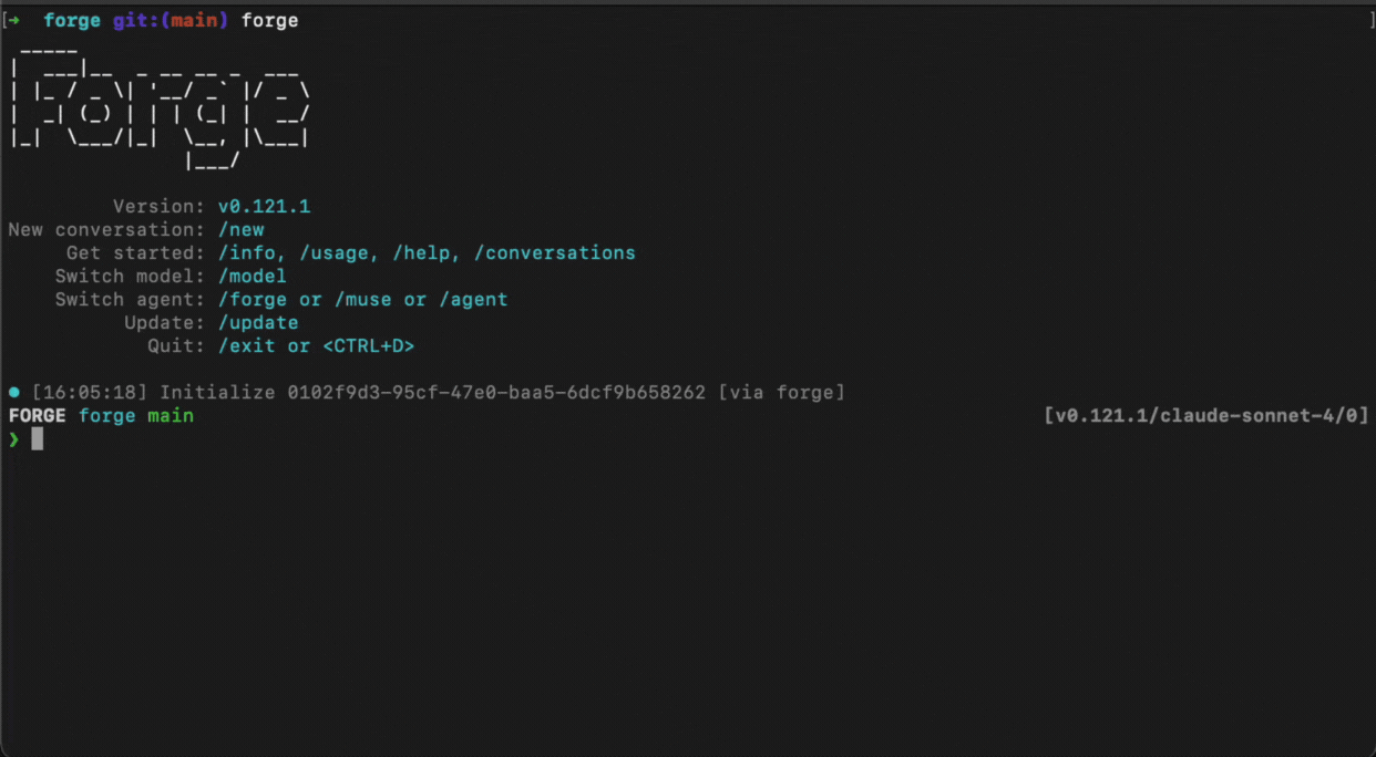 Forge agent selection process showing a user typing /agent and selecting from a list of available agents
