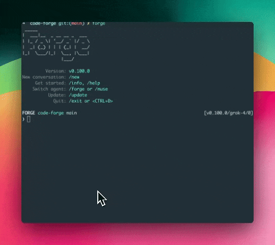 Forge AI coding assistant demonstrating file tagging autocomplete, showing how users can quickly reference project files for better context